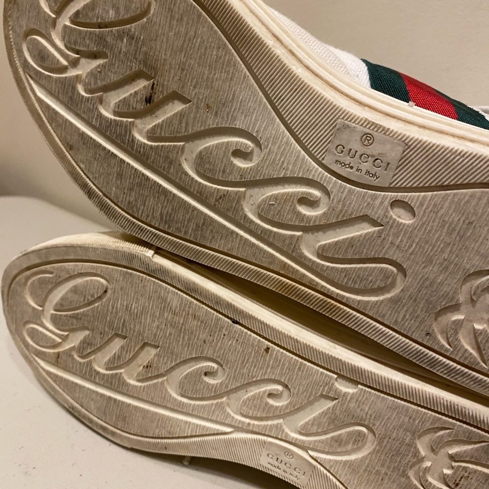 GUCCI White High-Top Sneakers with signature leather toe -Red and Green Stripes - Picture 5 of 11